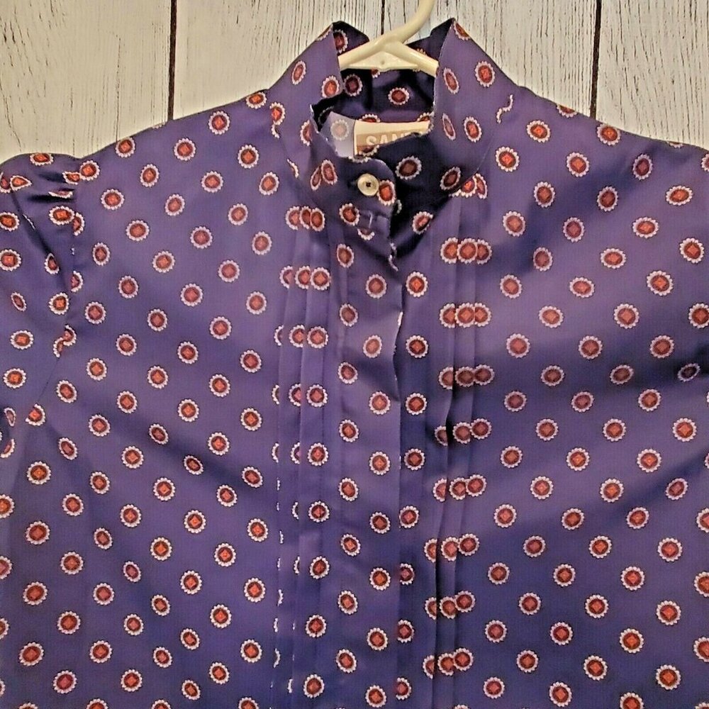 Vintage Santu Women's Banded Neck Red, White & Blue Puckered Sleeve Blouse - Picture 3 of 5